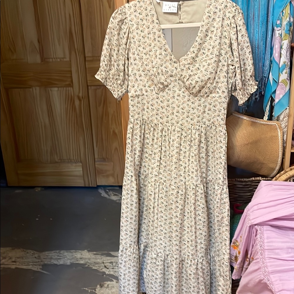 Daisy Cream Ruched Puff Sleeve Midi Dress (Nuuly)